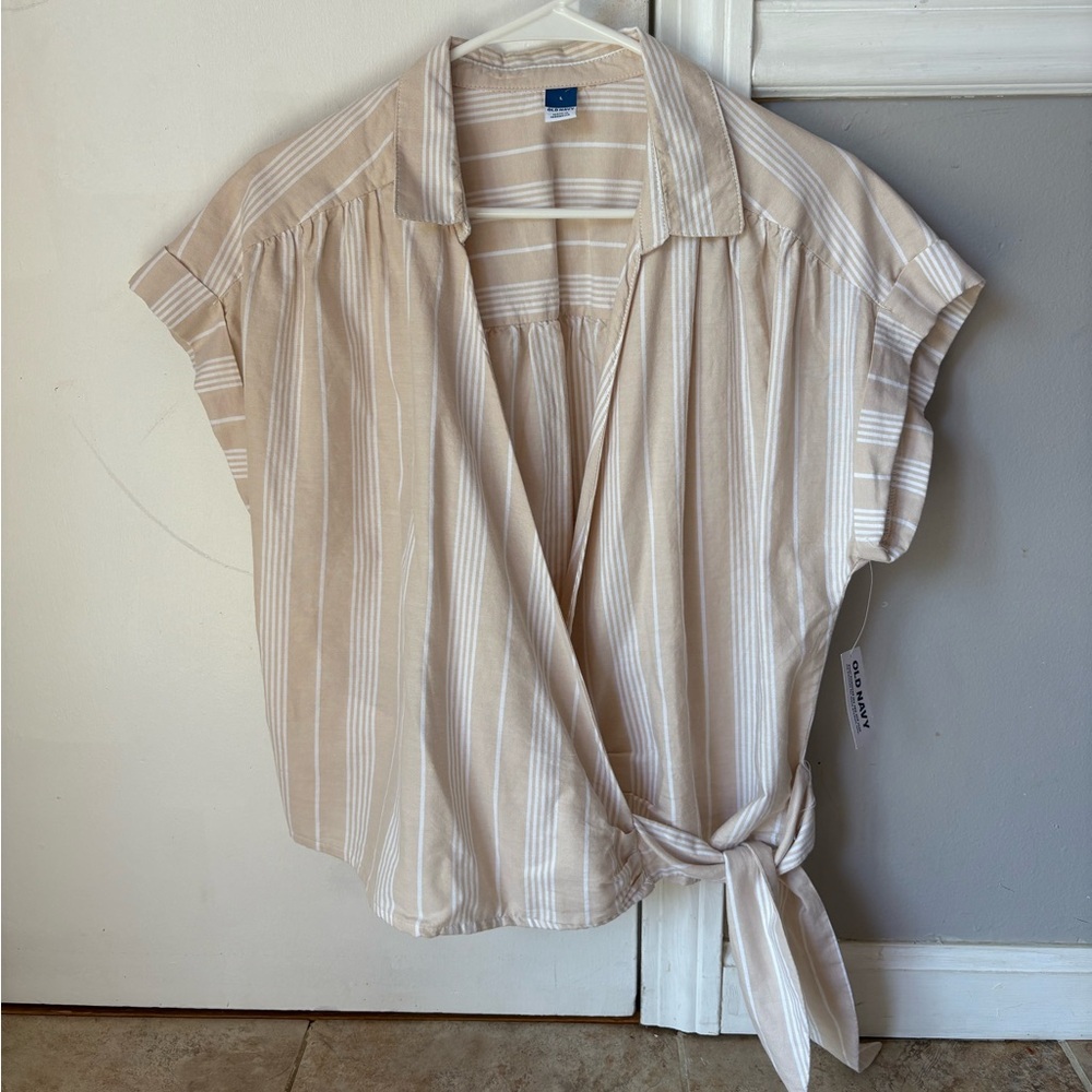 Old Navy Beige Striped Tie-Front Blouse
